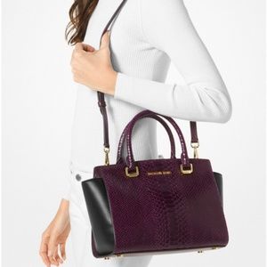 MK Snake-Embossed Leather Satchel -Black/Damson